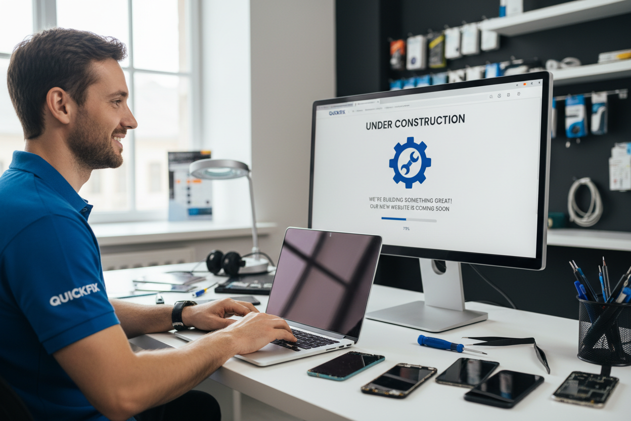 Quickfix das Unternehmen fpr Handyreparaturen. Erstelle nun ein Bild das wir noch an der webseite arbeiten. es kann auch eine person drauf sein blaues hemd mit Quickfix firmennamen auf dem shirt oben rechts